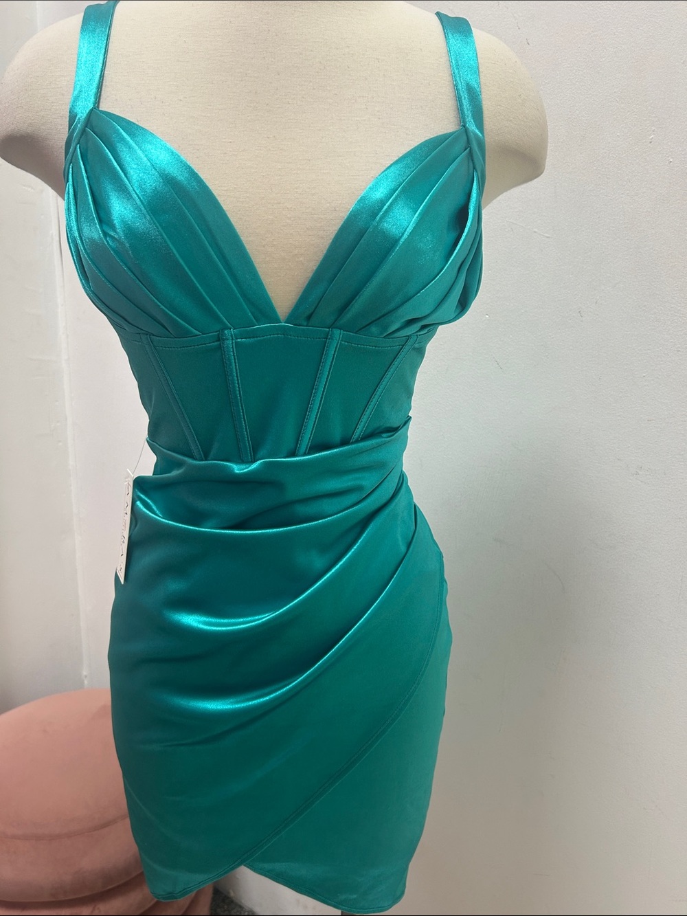 Symphony Teal Satin Mini Dress with Corset Bodice